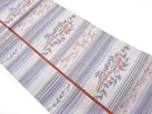 手織り紬横段に唐草・鳥模様織出し名古屋帯